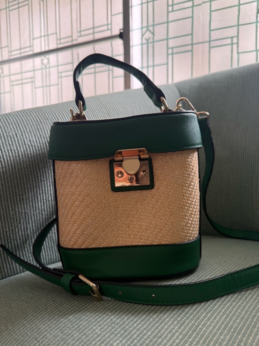 Straw Woven Mini Top Handle Bag Green Leather Trim Crossbody Summer Vacation